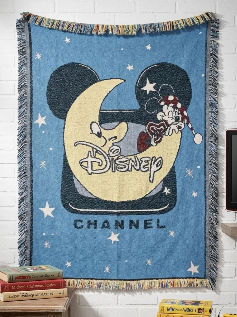 Vintage Disney Channel Minnie Mouse Moon Woven Throw Blanket Fringe Cotton USA